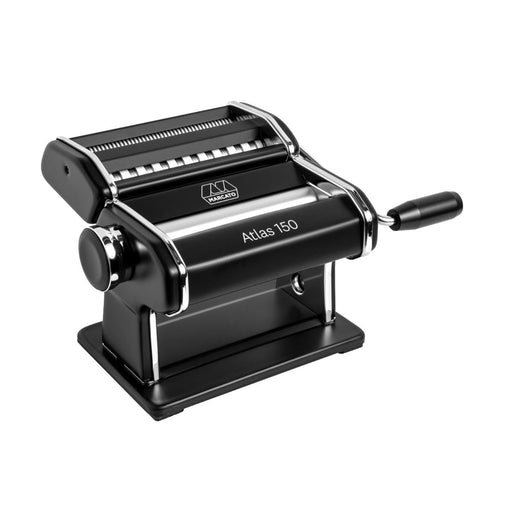 Marcato | Atlas 150 Plus Pasta Machine, Black, showing hand crank and pasta cutting rollers, ideal for crafting fresh pasta like fettuccine and tagliolini at home.