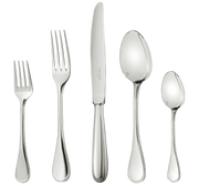 Christofle | 5-Piece Place Setting Perles Silver Plated: Elegant flatware set with pearl-beaded handles, including salad fork, dinner fork, knife, tablespoon, and teaspoon, exuding timeless French charm.