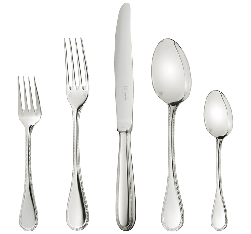 Christofle | 5-Piece Place Setting Perles Silver Plated: Elegant flatware set with pearl-beaded handles, including salad fork, dinner fork, knife, tablespoon, and teaspoon, exuding timeless French charm.