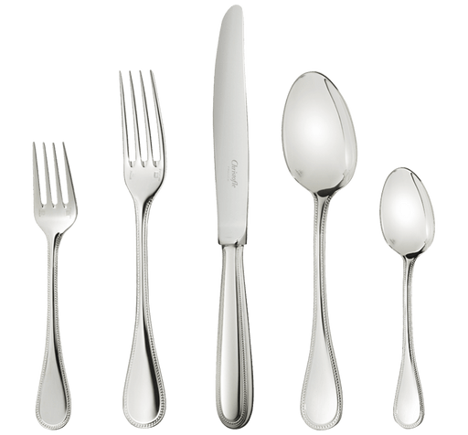 Christofle | 5-Piece Place Setting Perles Silver Plated: Elegant flatware set with pearl-beaded handles, including salad fork, dinner fork, knife, tablespoon, and teaspoon, exuding timeless French charm.