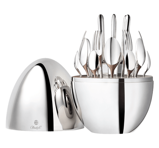 Christofle MOOD BY CHRISTOFLE 24 Pieces: A polished egg-shaped case opens to reveal a 24-piece silver-plated cutlery set, elegantly displayed for stylish dining.