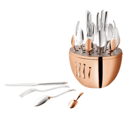Christofle | MOOD Precious 24 Pieces: A rose-gold cutlery set in an oval caddy with stainless-steel and copper-toned utensils, ideal for elegant dining.