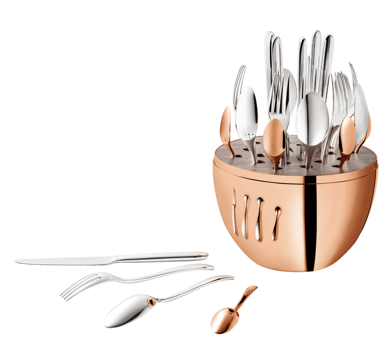 Christofle | MOOD Precious 24 Pieces: A rose-gold cutlery set in an oval caddy with stainless-steel and copper-toned utensils, ideal for elegant dining.