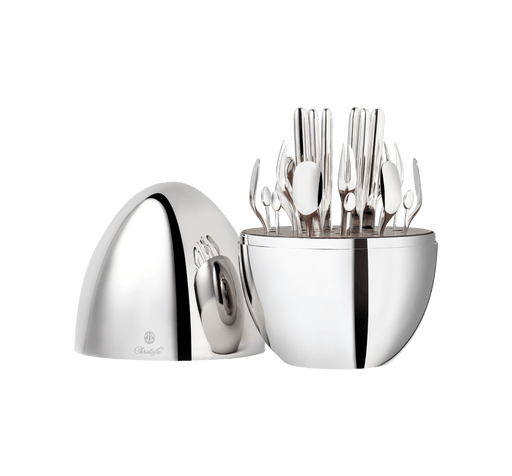 Christofle | MOOD Party 24 Pieces: A polished-silver flatware set stored in a dome-shaped case, featuring forks, knives, spoons, and cocktail picks for six guests.