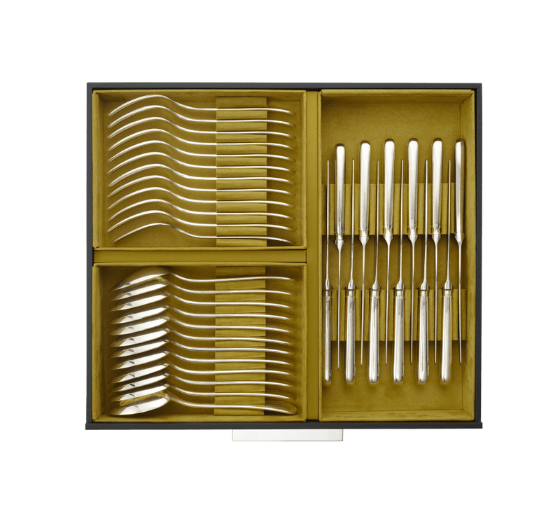 Christofle Storage Chest with 2 Drawers, neatly holds flatware in velvet-lined compartments, designed for organizing and protecting up to 84 pieces of cutlery.