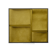 Christofle Storage Chest with 2 drawers and 7 mustard/olive suede-covered modular organizer compartments for cutlery, designed to prevent scratches and oxidation.