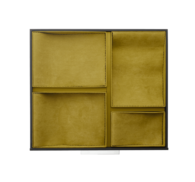 Christofle Storage Chest with 2 drawers and 7 mustard/olive suede-covered modular organizer compartments for cutlery, designed to prevent scratches and oxidation.