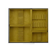 Christofle storage chest insert, featuring mustard-yellow velvet compartments for organizing jewelry, tailored for cutlery storage with anti-tarnish protection and adaptable tray modules.