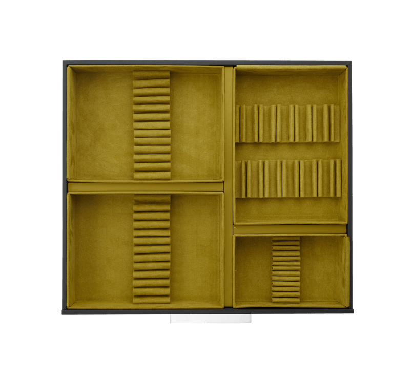 Christofle storage chest insert, featuring mustard-yellow velvet compartments for organizing jewelry, tailored for cutlery storage with anti-tarnish protection and adaptable tray modules.