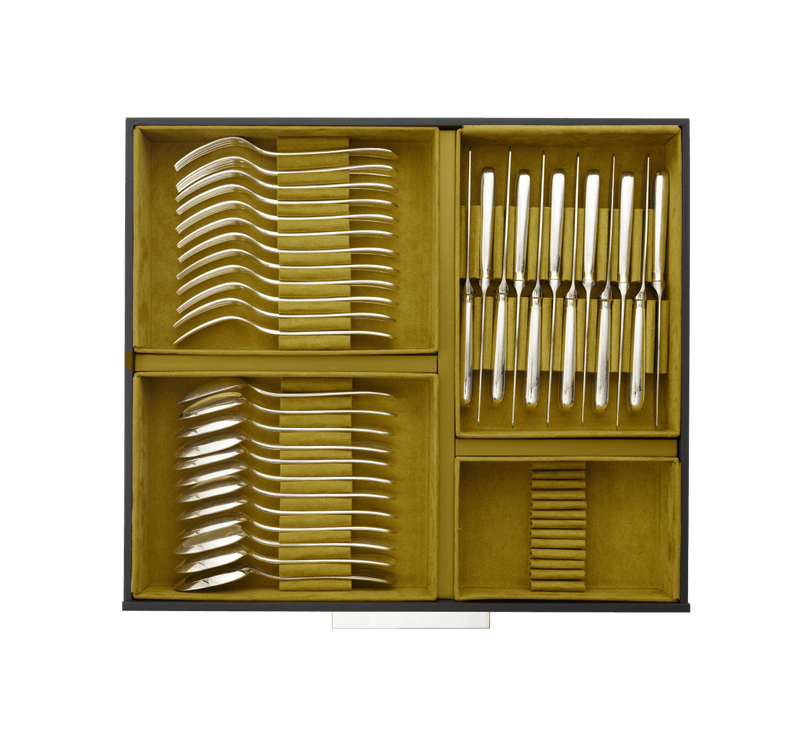 Christofle Storage Chest with 2 drawers displaying organized rows of dinner forks, soup spoons, and table knives in protective fabric-lined modules.