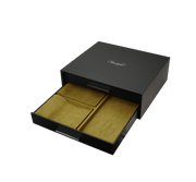 Christofle | Storage Chest 2 Drawers: Matte-black box with a mustard-yellow suede-lined drawer, designed for storing up to 84 Christofle cutlery pieces securely.
