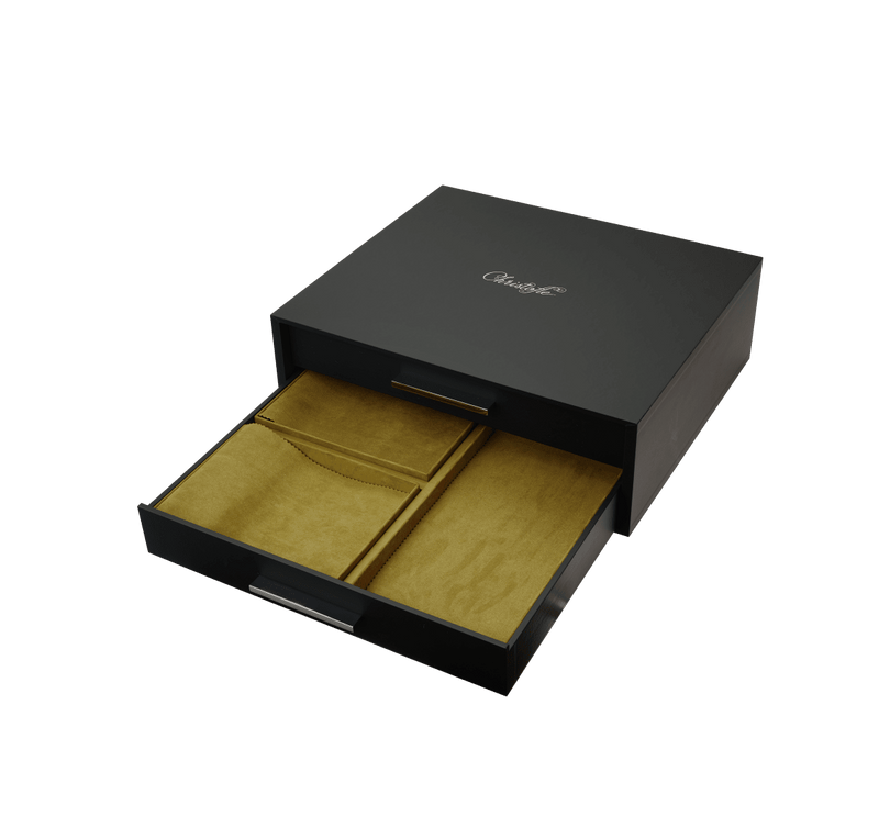 Christofle | Storage Chest 2 Drawers: Matte-black box with a mustard-yellow suede-lined drawer, designed for storing up to 84 Christofle cutlery pieces securely.