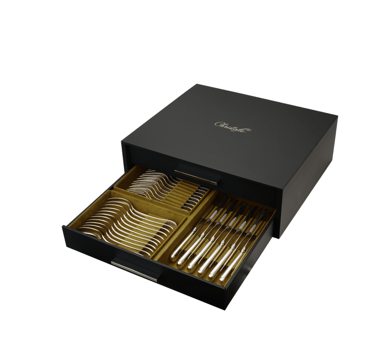 Christofle | Storage Chest with 2 Drawers and 7 Modules, designed for 84-piece flatware set, featuring anti-tarnish cloth and removable racks for scratch prevention.