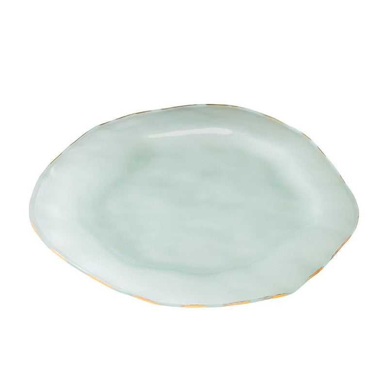 Annie Glass | Shells Buffet Plate - Gold Frosted, featuring a shallow, irregular shape with a sea-foam glaze and gold-trimmed rim, perfect for elegant dining settings.