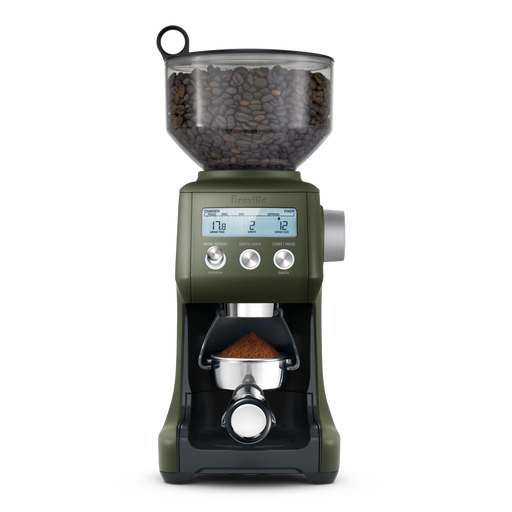 Breville | Smart Grinder Pro with clear hopper of coffee beans and digital controls, dispensing freshly ground coffee into a portafilter below.