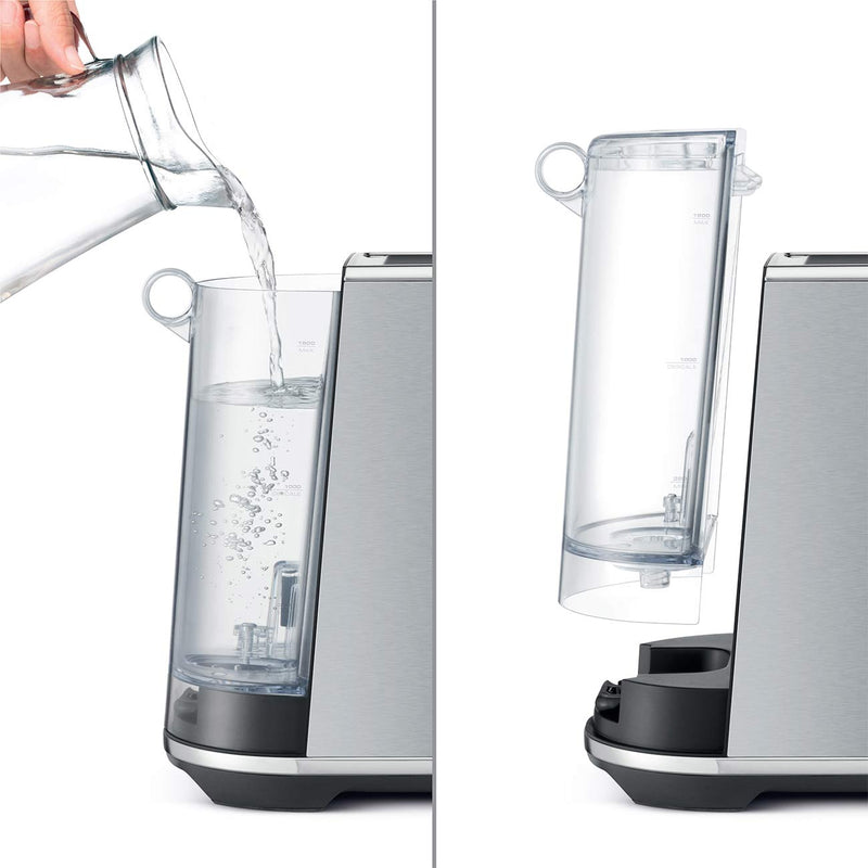 Breville | Bambino Plus espresso machine's removable water reservoir, shown docked and detached, illustrating easy filling and cleaning for optimal coffee preparation.