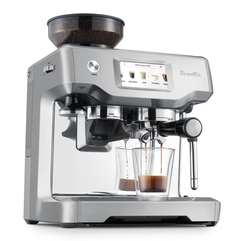 Breville | Barista Touch - Stainless-steel espresso machine with built-in grinder, touchscreen for drink selection, dual spout portafilter, and steam wand for milk frothing.