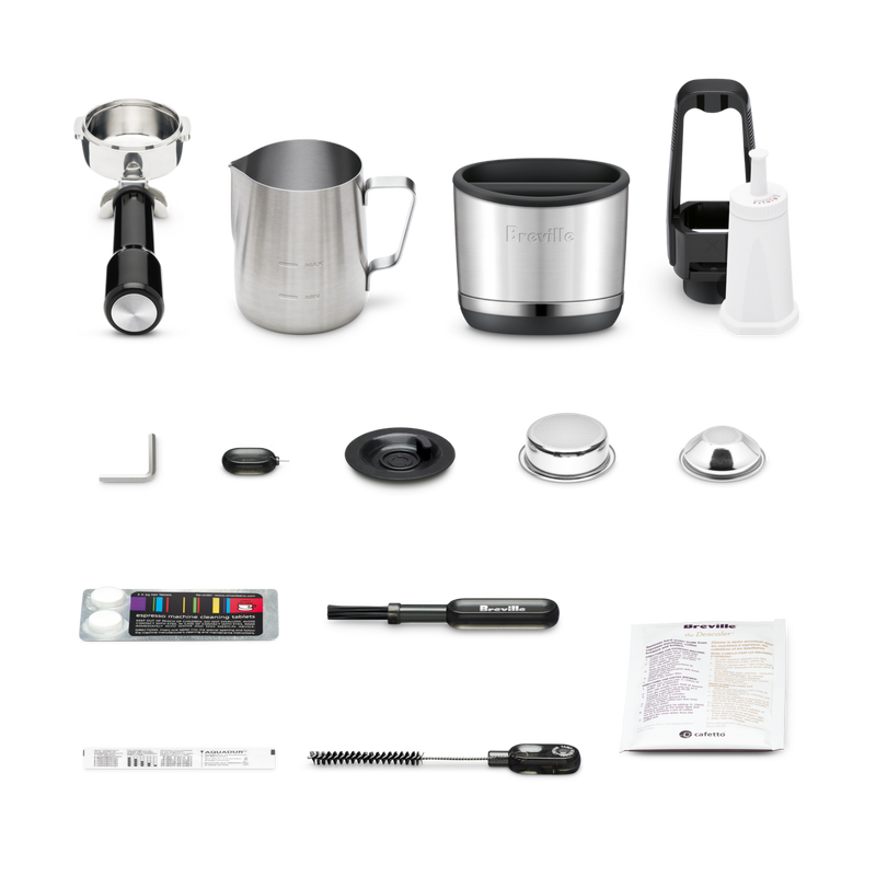 Breville | The Oracle Jet, Black Truffle accessories set, including portafilter, milk jug, tamper, cleaning tools, and filter baskets for optimal espresso machine maintenance and use.