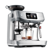 Breville | The Oracle Jet, Black Truffle, semi-automatic espresso machine with built-in grinder, pulling espresso shots, touchscreen display, and steam wand for home barista use.