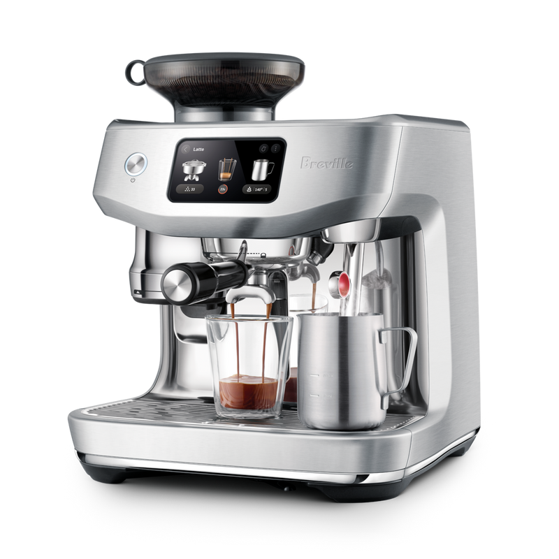Breville | The Oracle Jet, Black Truffle: Stainless-steel countertop espresso machine with integrated grinder, digital display, and steam wand for precise espresso and microfoam milk crafting.