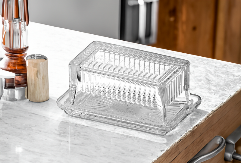 Earth & Nest European Beurre Glass Butter Dish, clear glass with embossed lid, ideal for larger butter sticks, blending elegance and functionality for dining.