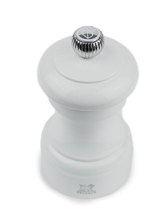 Peugeot Bistro Salt Mill, Pearl Grey, features a classic wooden design with a metal adjustment knob for grind size, ideal for enhancing your kitchen collection.