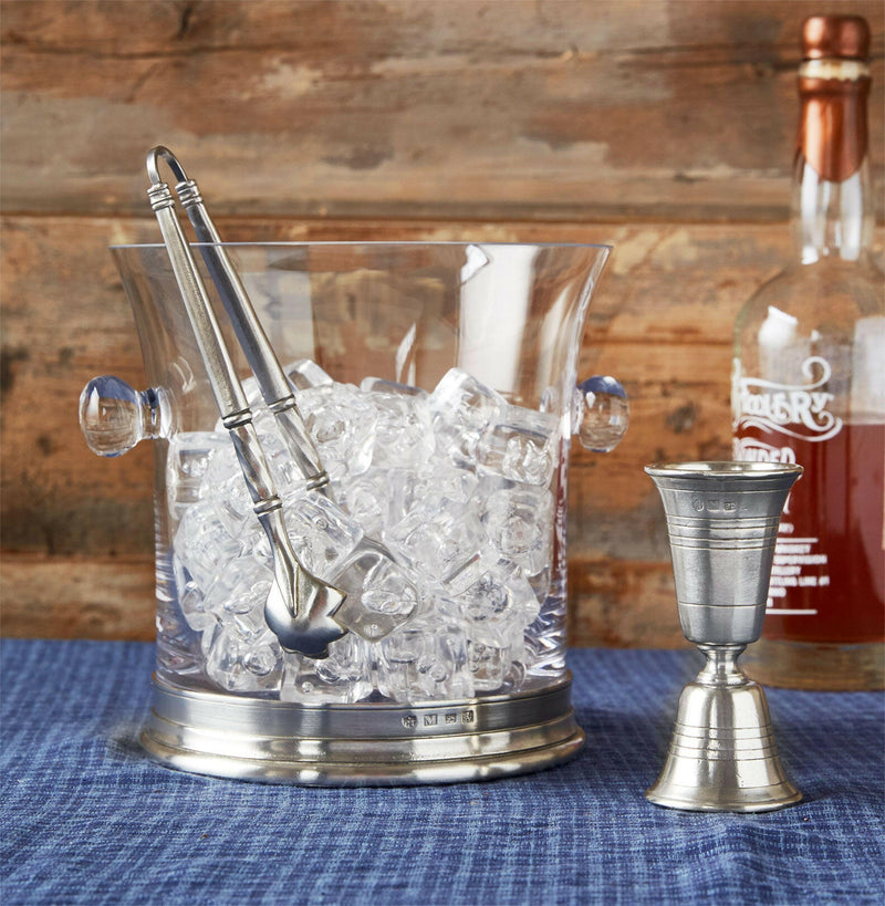 Mixing Glass & Cocktail Strainer Set on a table, featuring a lead-free crystal glass with pewter strainer, perfect for home bar use.