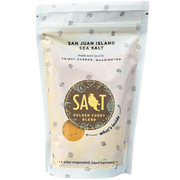 San Juan Island Sea Salt | Golden Curry Seasoning Blend in a white bag, featuring a prominent label, inspired by New Delhi's street foods.