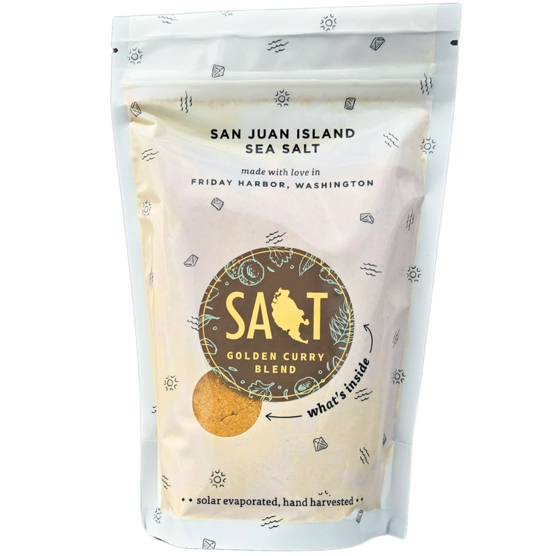 San Juan Island Sea Salt | Golden Curry Seasoning Blend in a white bag, featuring a prominent label, inspired by New Delhi's street foods.