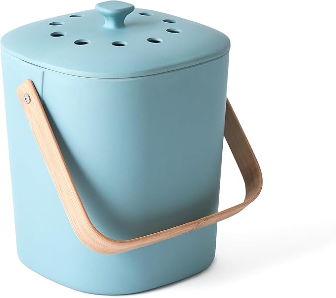 Bamboozle | Bamboo Compost Bin - Heron with wooden handle, ideal for storing kitchen scraps before composting, featuring a filtered lid to minimize odors.