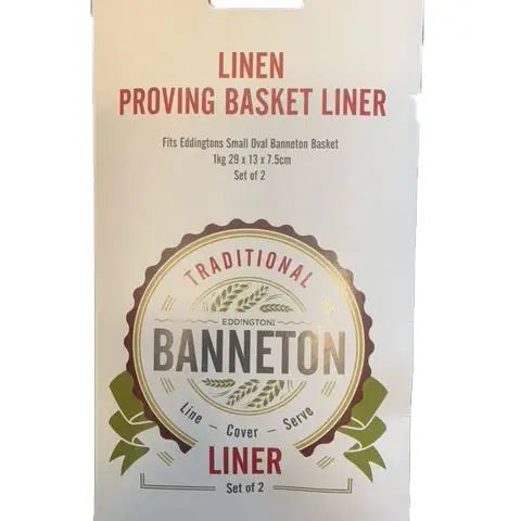 Front view of package for Banneton | Linen Proofing Basket Liner (Small, Oval), fitting a 1 kg oval banneton, part of the Traditional Banneton line, set of 2.