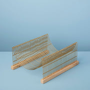Be Home | Leo Dish Drying Rack with gold wire mesh and wooden stand, designed for space-saving in kitchens, holds 10 plates and includes a plastic drainboard.