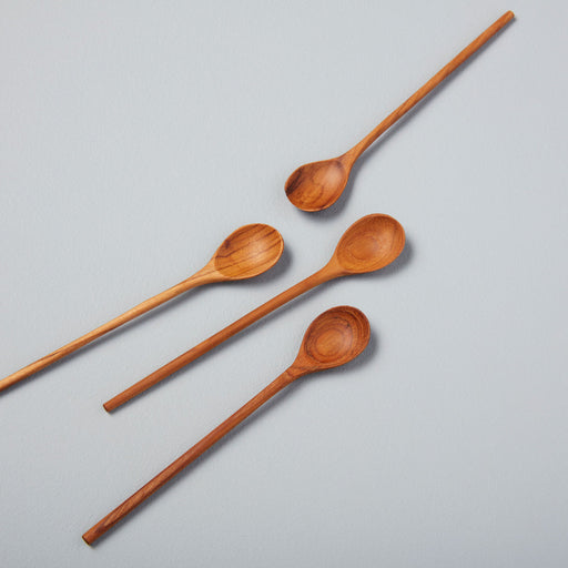 Be Home | Teak Thin Spoons Set of 4 - Medium, handcrafted from teak, ideal for serving spices or as elegant table accents, showcasing unique grain patterns.