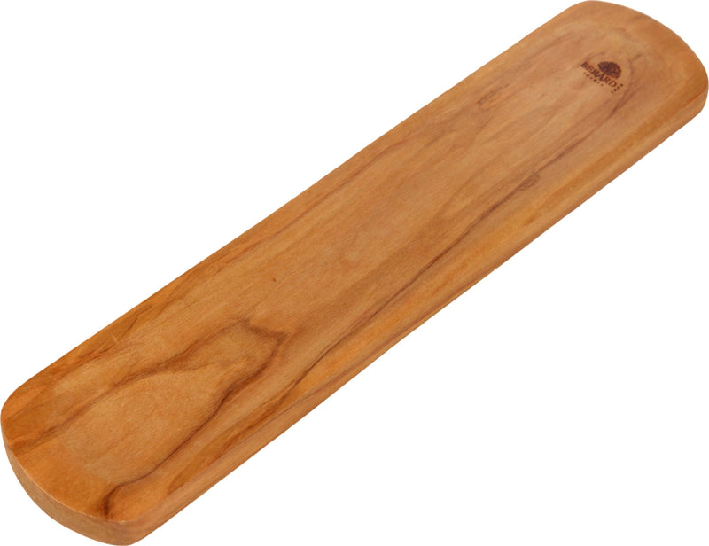 BERARD Olivewood Spoon Rest, 13x3/32x7.5cm, features a distinctive logo on a smooth wooden surface, perfect for enhancing kitchen elegance.
