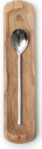 BERARD Spoon Rest in Olivewood, measuring 13x3/32x7.5cm, displayed on a wooden surface, highlighting its elegant design ideal for kitchen use.