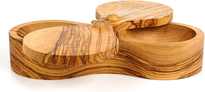 Berard Olivewood Double Salt Keeper with three clover-like compartments, hinged petal lids, crafted for spices or snacks, reflecting Mediterranean charm.