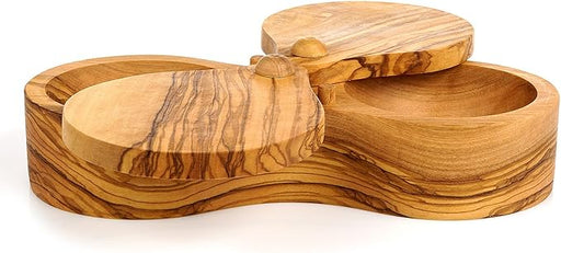 Berard Olivewood Double Salt Keeper with three clover-like compartments, hinged petal lids, crafted for spices or snacks, reflecting Mediterranean charm.