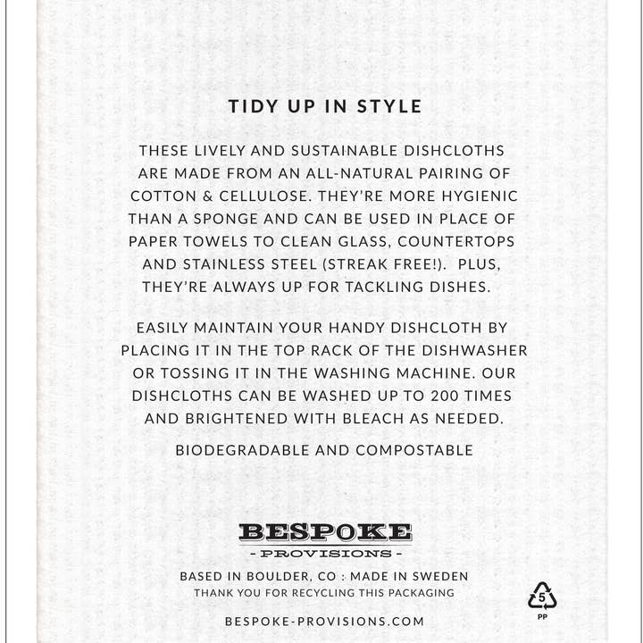 Bespoke Provisions Swedish Dishcloths - Potted Plants, featuring black text on white paper, emphasize eco-friendly, hygienic cleaning for various surfaces, available at Athens Cooks.