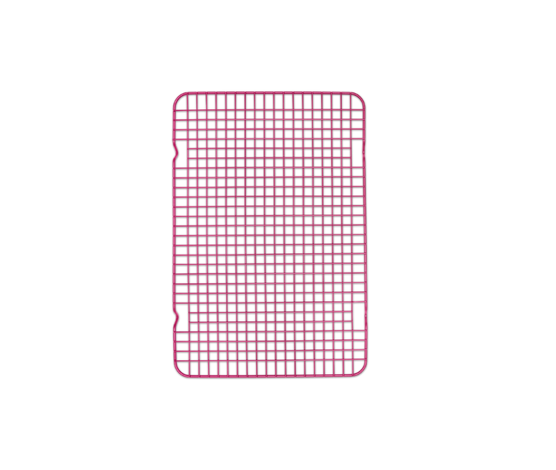 Great Jones | Big Chill - Blueberry cooling rack with a pink wire grid design, ideal for even cooling and crisping on half-sized sheet pans.