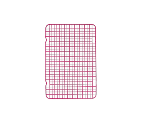 Great Jones | Big Chill - Blueberry cooling rack with a pink wire grid design, ideal for even cooling and crisping on half-sized sheet pans.