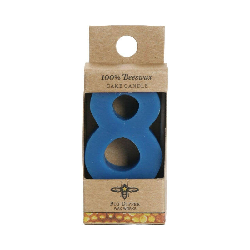 Big Dipper Wax Works Birthday Number Cake Candle in a box, made from pure beeswax, featuring a wooden pick for easy cake placement.