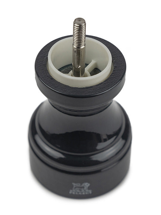 Peugeot | Bistro Salt Mill, Slate, showing the internal spindle and grinding-adjustment assembly with the knob removed, highlighting its high-performance mechanism.