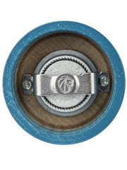 Top view of the Peugeot | Bistro Pepper Mill in Pacific Blue, showcasing its metal adjustment knob and grinding mechanism set into a wooden body.