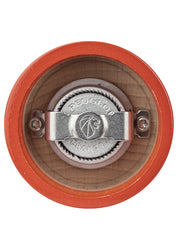 Close-up of Peugeot | Bistro Pepper Mill, Terracotta, showing the metal adjustment knob marked Peugeot France within its wooden body, highlighting durable French craftsmanship.