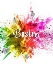 Peugeot | Bistro Pepper Mill 4 Inches, Slate Grey, surrounded by colorful spice bursts, showcasing its timeless design and adjustable grinding feature.