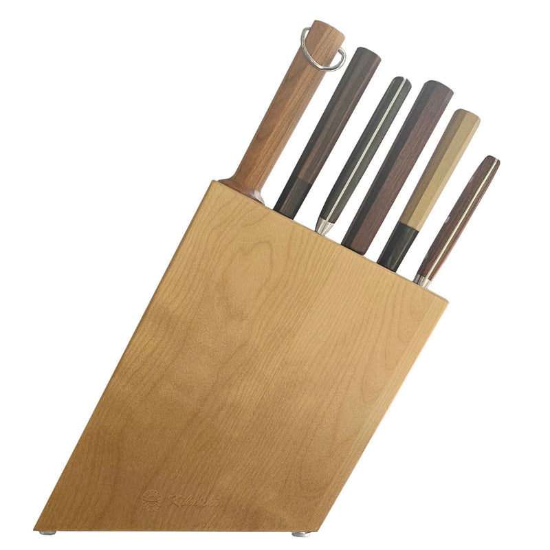 Kikuichi | Knife Block: Birchwood holder with six wood-handled kitchen tools, featuring five knives and a honing steel, designed for precise storage and easy accessibility.