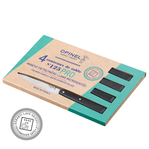 Opinel | Bon Appétit No.125 Steak & Table Knives Sets, Pro features four black-handled, micro-serrated stainless knives in dishwasher-safe packaging, ideal for everyday dining.