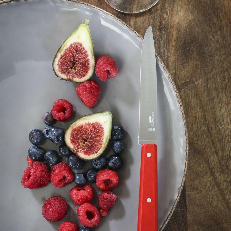 Opinel | Bon Appetit Steak Knives - Pepper shown with fruit on a grey ceramic plate, highlighting the knife's sharp stainless-steel blade and vibrant red handle.