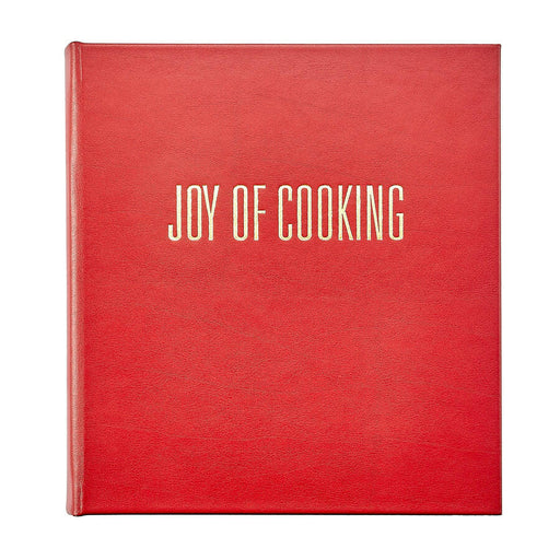 Graphic Image Inc. red bonded leather cookbook, Joy of Cooking, with gold stamping, ideal as a gift for both novice and experienced cooks.