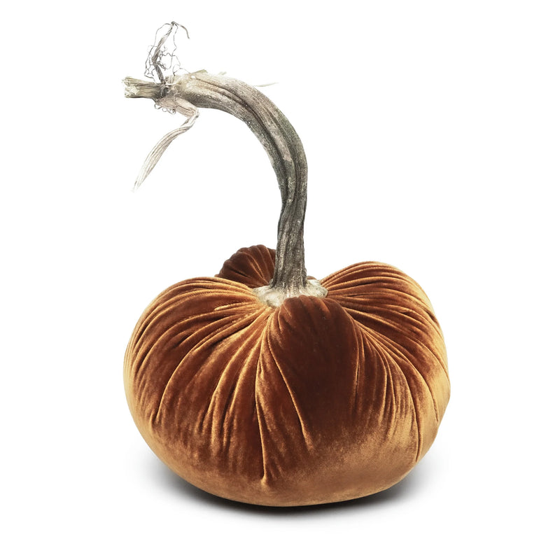 Hot Skwash Silk Velvet Pumpkin - Bronze Jumbo, showcasing a handcrafted velvet pumpkin with a unique, naturally sourced stem, embodying elegance and artisanal craftsmanship.